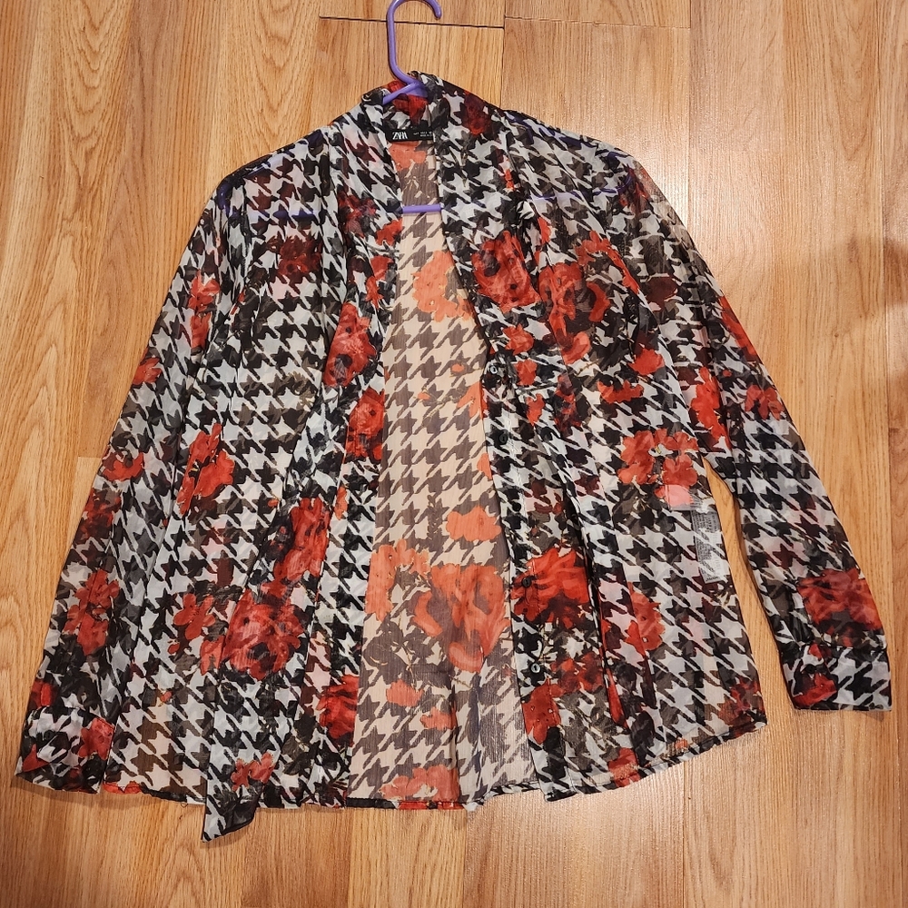 Zara Floral Houndstooth blouse
